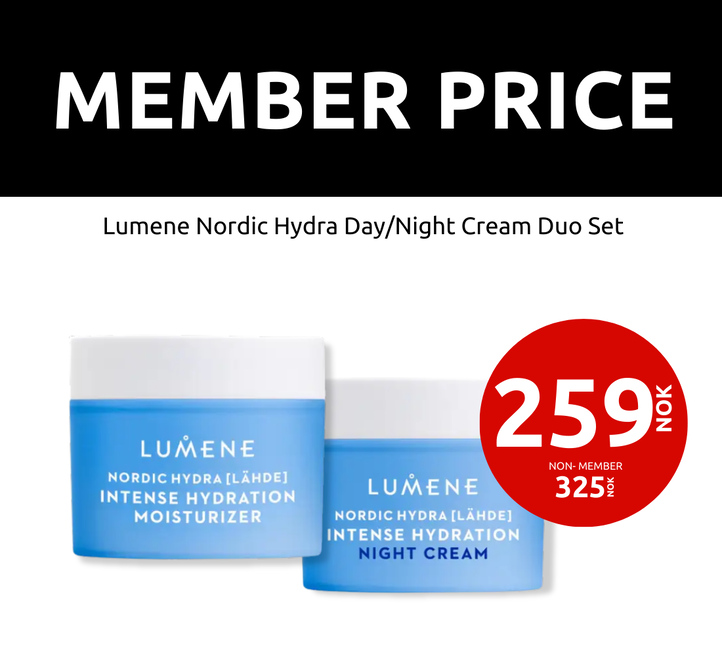 Banner showing member price for Lumene Nordic Hydra day and night cream duo set. Member price 259 NOK, non-member price 325 NOK.