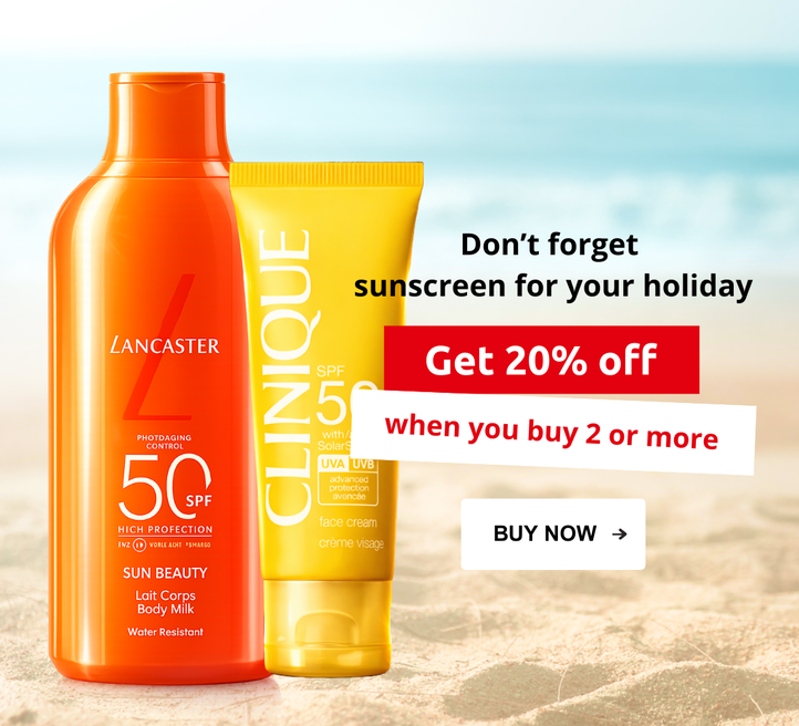 Don't forget sunscreen for your holiday. Get 20% off when you buy 2 or more. Buy now!