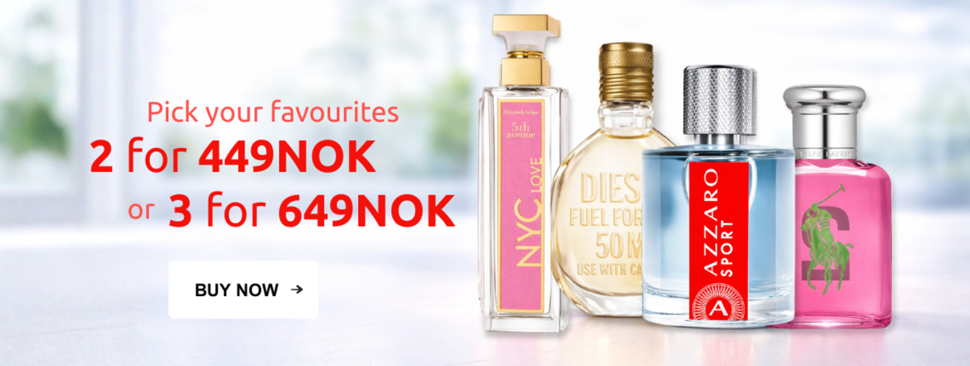 Perfume promotion banner: choose your favourites – 2 for 449 NOK or 3 for 649 NOK