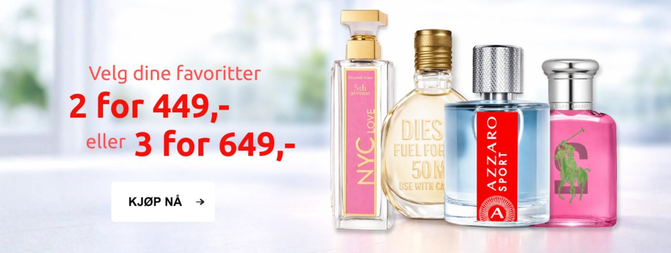 Banner med parfymetilbud: velg dine favoritter – 2 for 449 kr eller 3 for 649 kr
