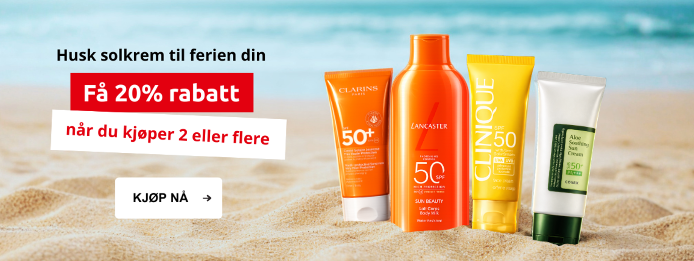 Husk solkrem til ferien din! Få 20% rabatt når du kjøper 2 eller flere.