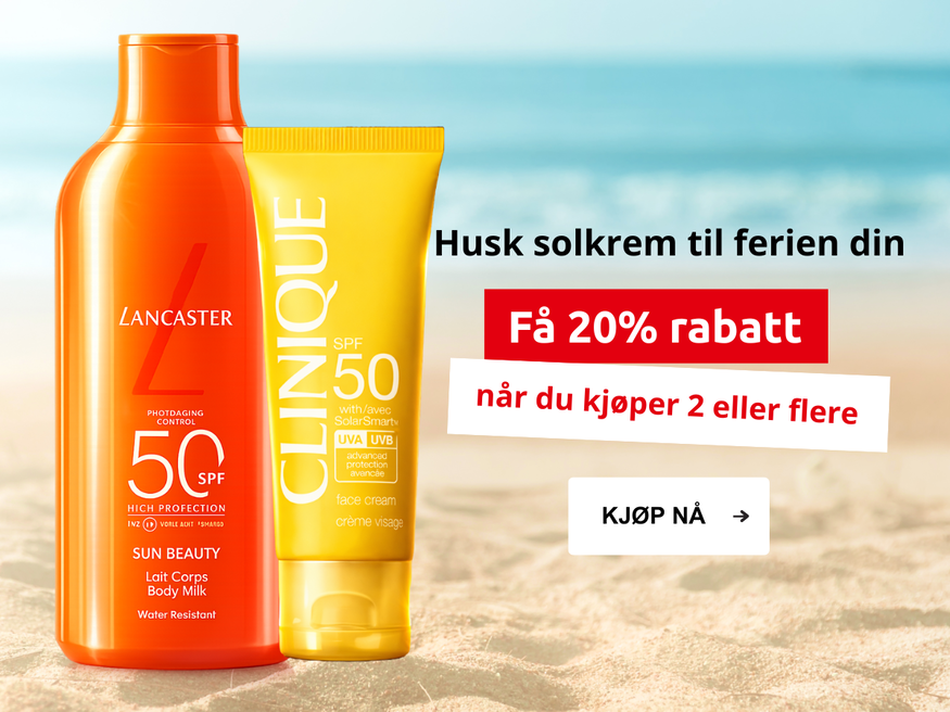 Husk solkrem til ferien din. Få 20% rabatt når du kjøper 2 eller flere