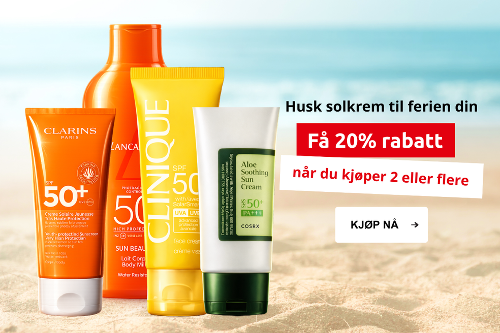 Husk solkrem til ferien sin. Få 20% når du kjøper 2 eller flere. Kjøp nå!