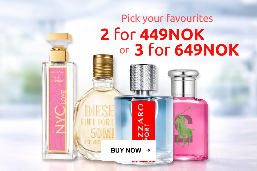 Perfume promotion banner: choose your favourites – 2 for 449 NOK or 3 for 649 NOK