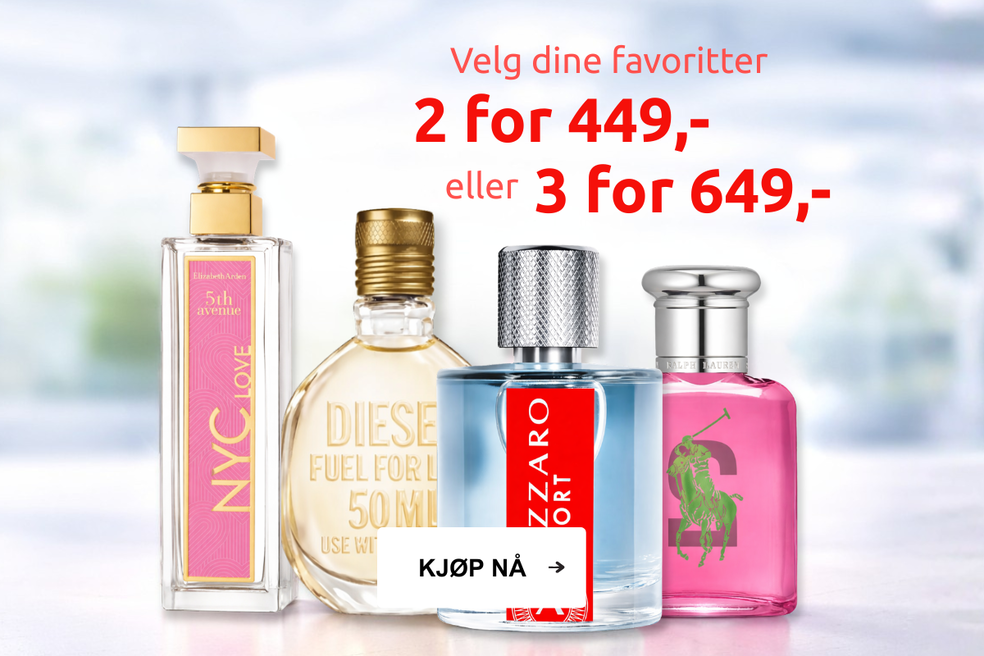 Banner med parfymetilbud: velg dine favoritter – 2 for 449 kr eller 3 for 649 kr