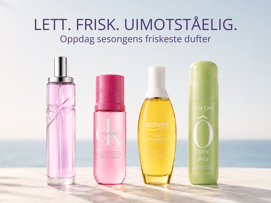 Sommerlige body mists og lette dufter fra Lancôme, Biotherm, Calvin Klein og Mugler i en lys og frisk strandinspirert setting.