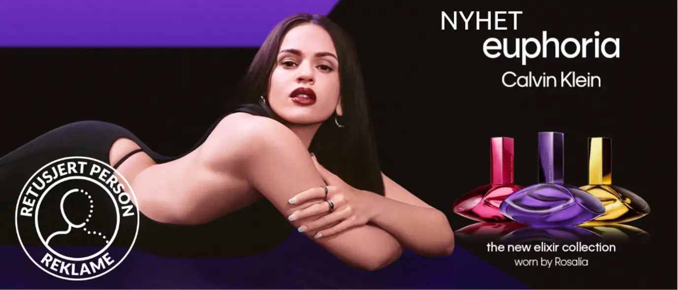 Banner med teksten «Nyhet» som viser Calvin Klein Euphoria Elixir-kolleksjonen, med tre fargede parfymeflasker og en modell i mørk styling på lilla bakgrunn.