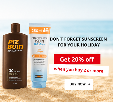 Don't forget sunscreen for your holiday - get 20% off when you buy 2 or more. Buy now!