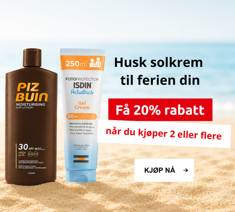 Husk solkrem til ferien din - få 20% rabatt når du kjøper 2 eller flere. Kjøp nå!