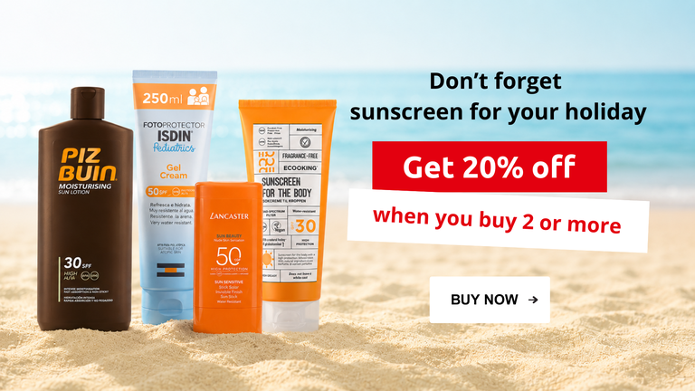 Don't forget sunscreen for your holiday - get 20% off when you buy 2 or more. Buy now!