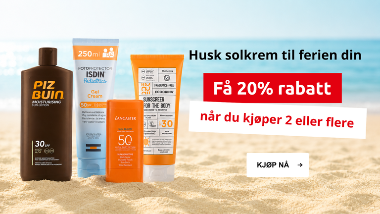 Husk solkrem til ferien din - få 20% rabatt når du kjøper 2 eller flere. Kjøp nå!